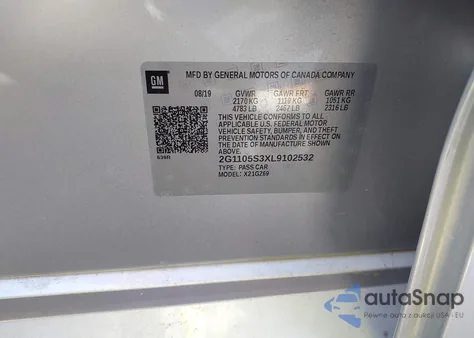 2020 Chevrolet Impala Fwd Premier из США, поврежденный, VIN 2G1105S3XL9102532